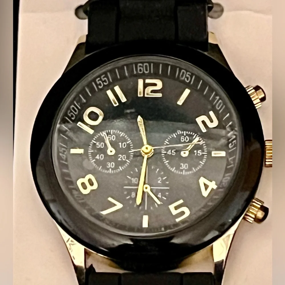 Darice Men's Black & Gold Chronograph Style Watch | Tactical Silicone Sport Band
